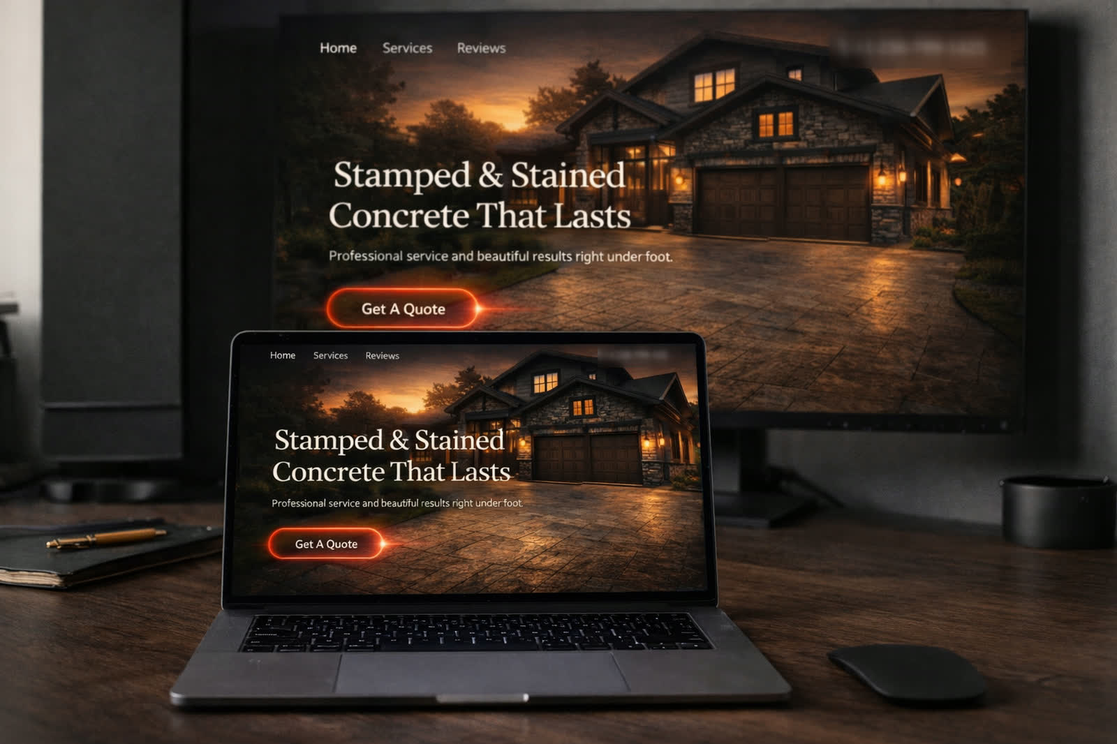A contractor website shown on a desktop monitor and a laptop on a desk.