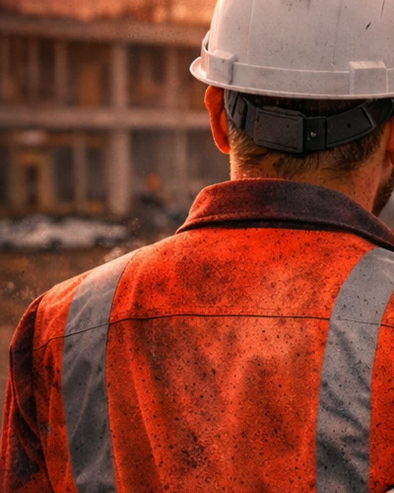 A contractor in a hard hat and hi-vis vest on site at dusk, rolled blueprints under his arm.