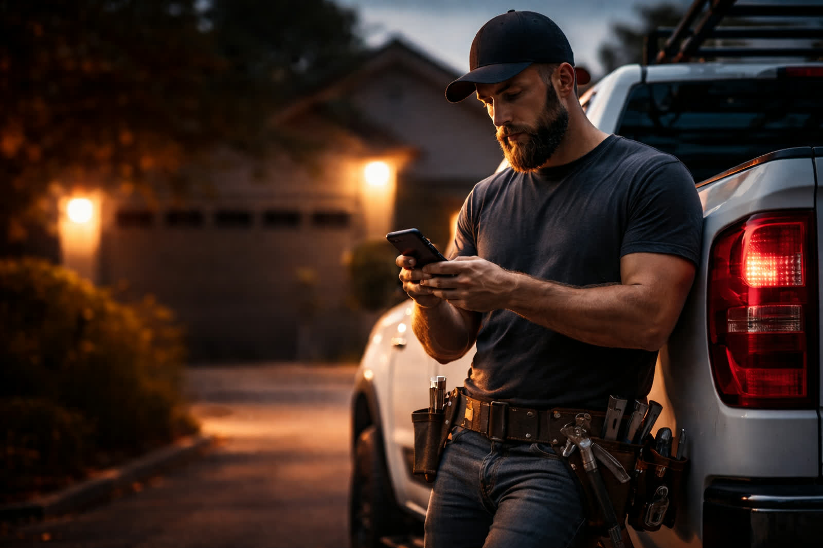 A contractor leaning against his truck at dusk, reading a message on his phone.