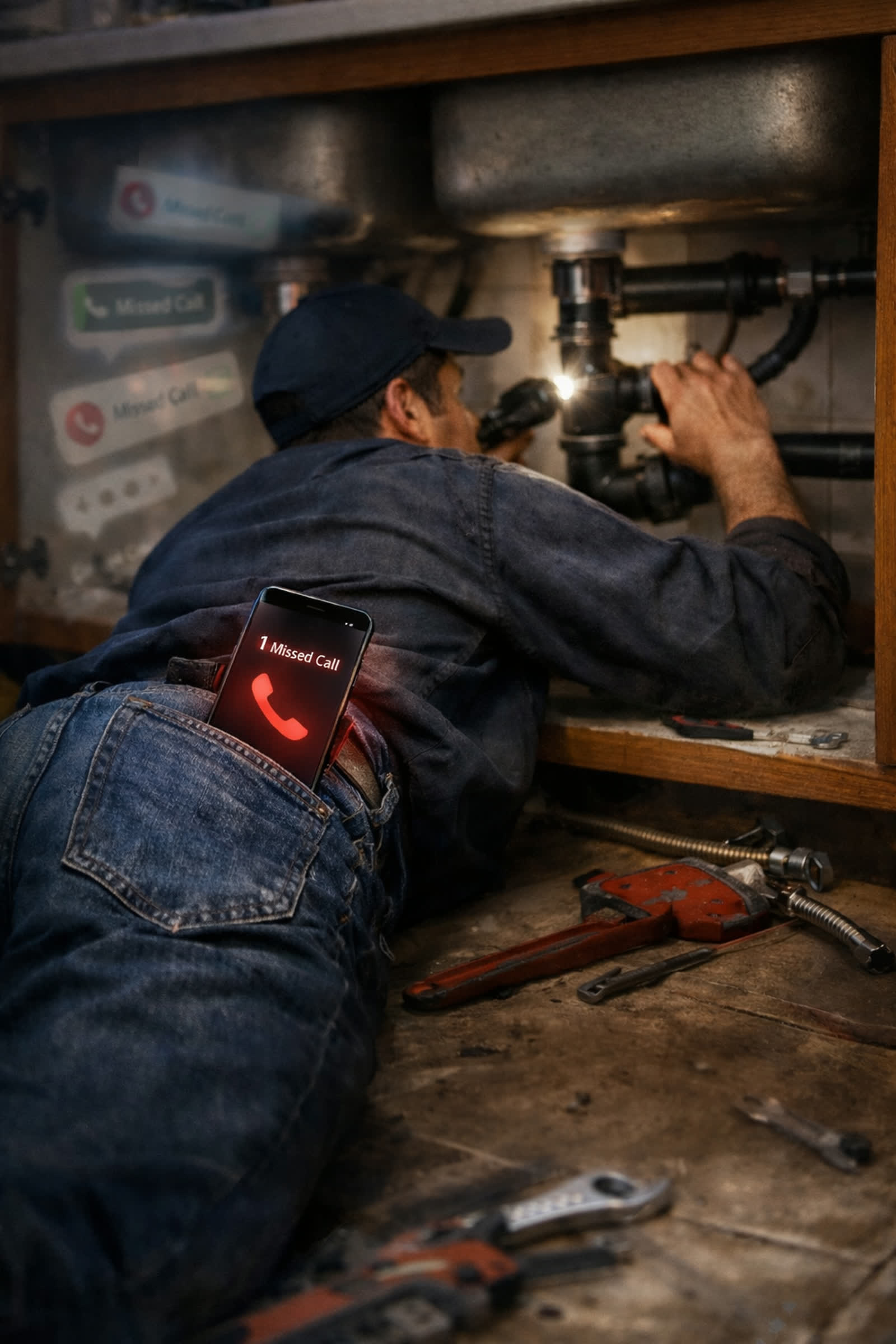 A plumber working under a sink while a missed-call alert shows on the phone beside him.