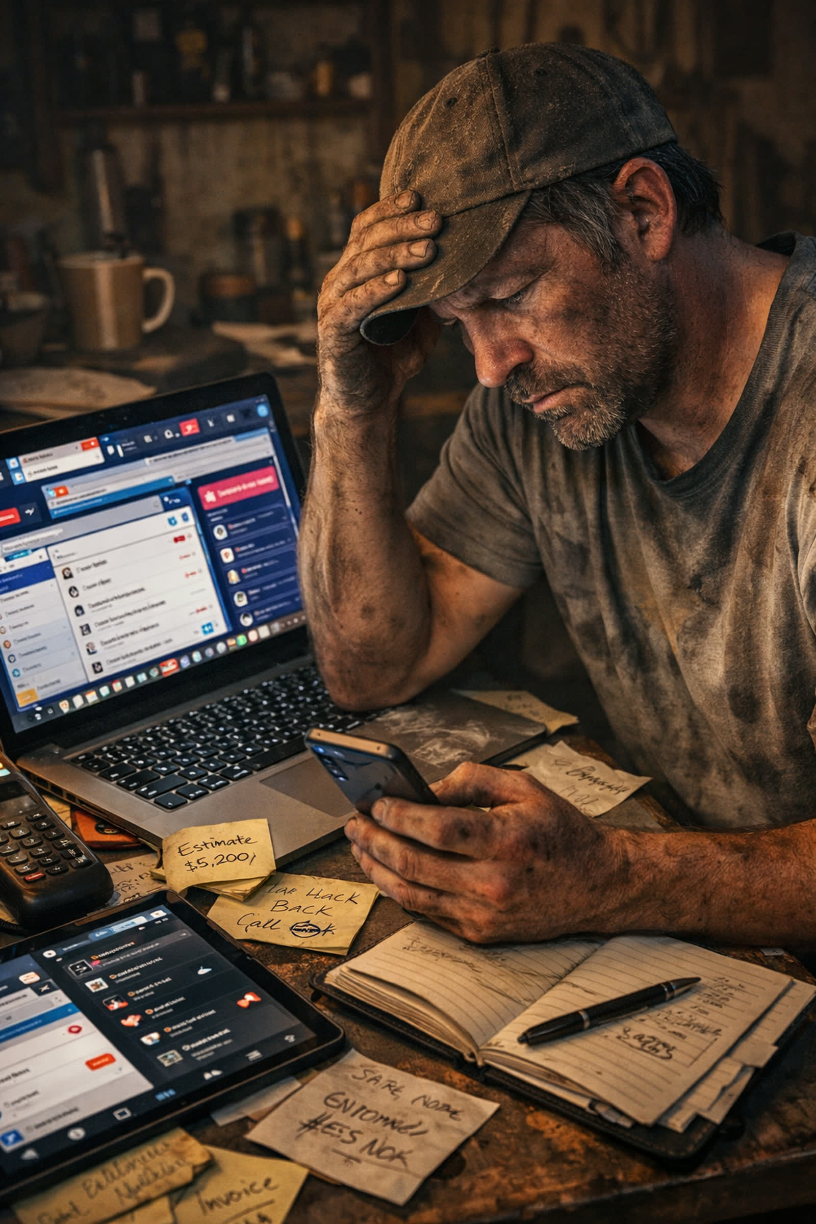 A contractor at a desk after hours, surrounded by notes and an unanswered phone.