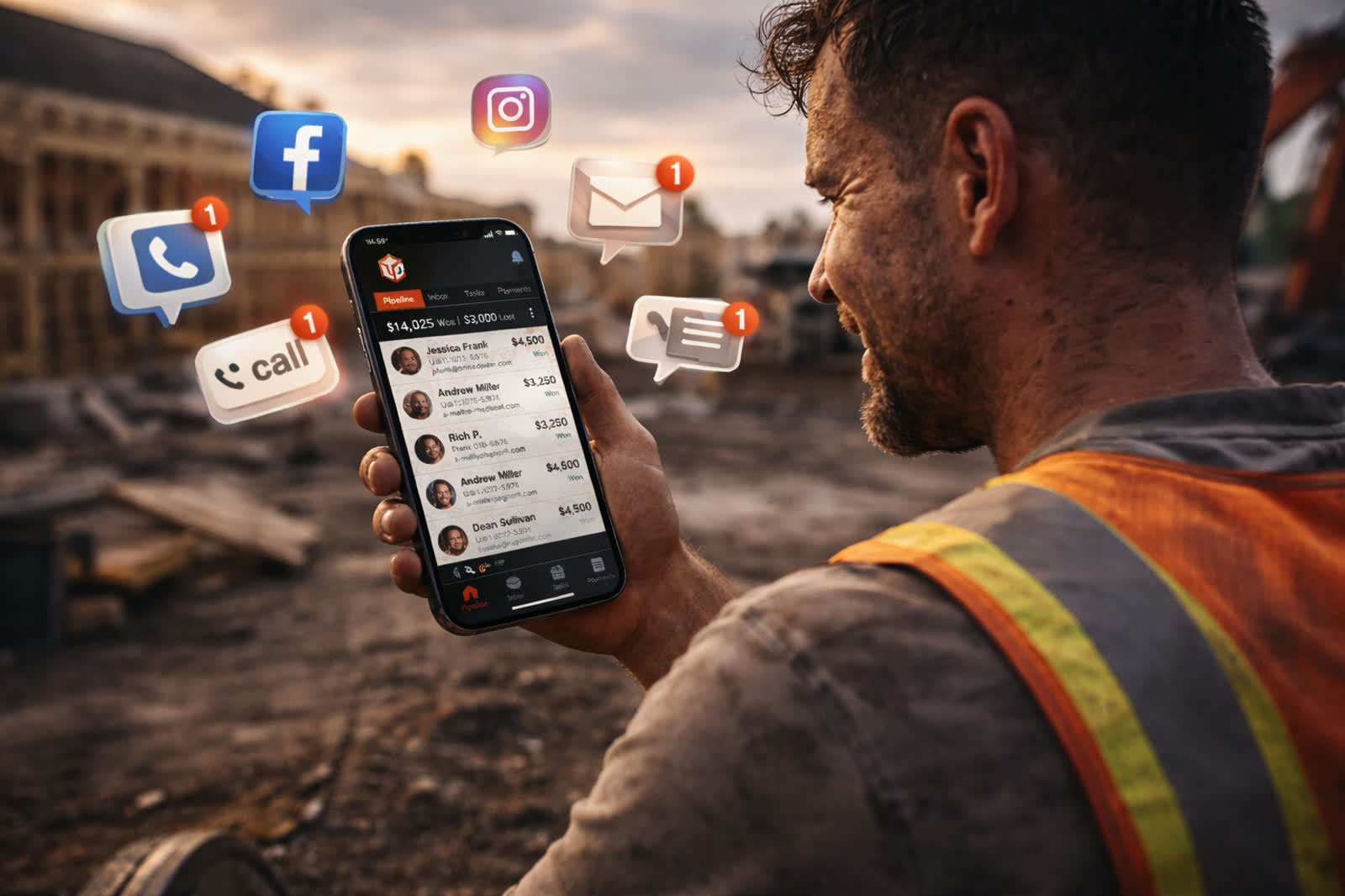 A contractor on site reading a run of incoming messages on his phone.