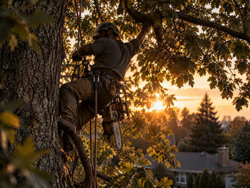 A climbing arborist part-way up a mature tree in harness and ropes, chainsaw on his belt.