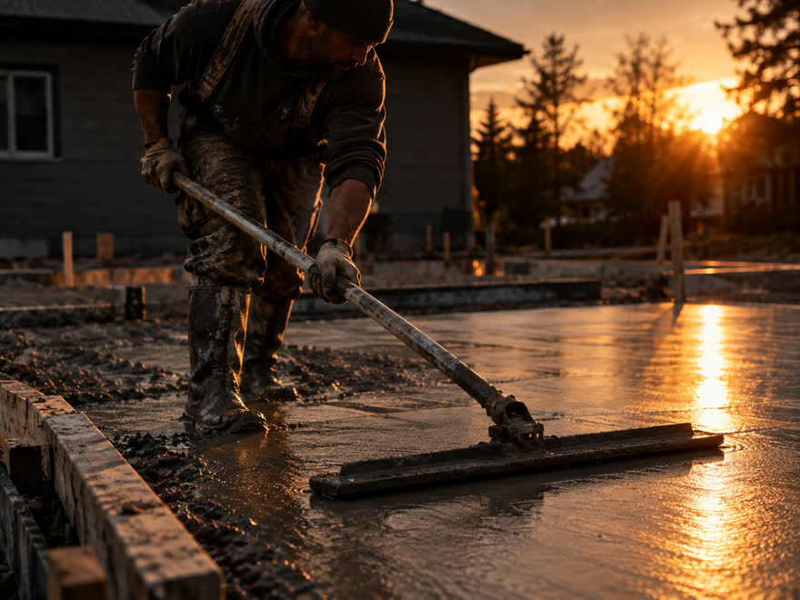 A concrete finisher drawing a bull float across a freshly poured slab at sunset.