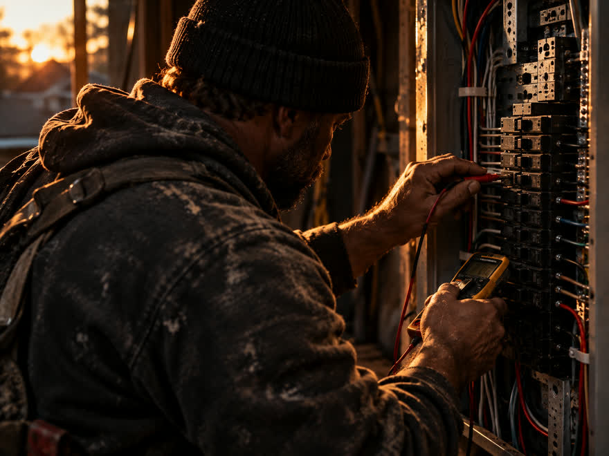 An electrician testing a residential breaker panel with a multimeter at dusk.