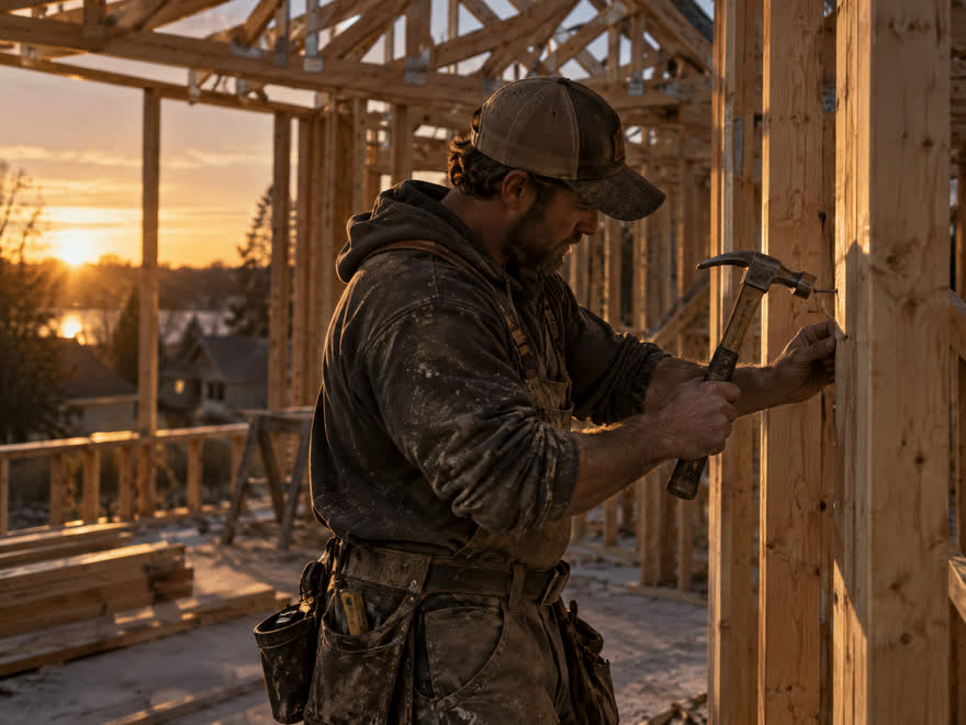 A framer hammering a stud on a half-built house at sunset, open roof trusses behind him.