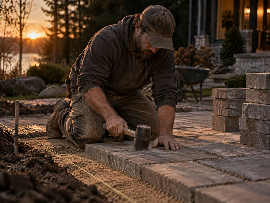 A landscaper kneeling to set a paver level with a rubber mallet on a new patio at sunset.