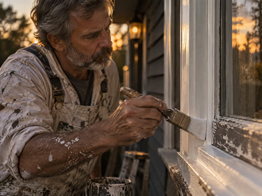 A painter cutting in a clean line along a window frame with a brush, paint-spattered overalls.
