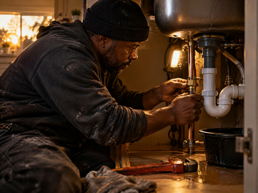 A plumber tightening a fitting under a sink by work light, pipe wrench on the floor.