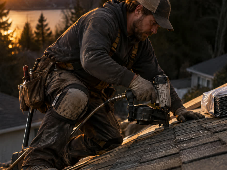 A roofer kneeling on a shingle roof at sunset, nailing down a course of shingles.
