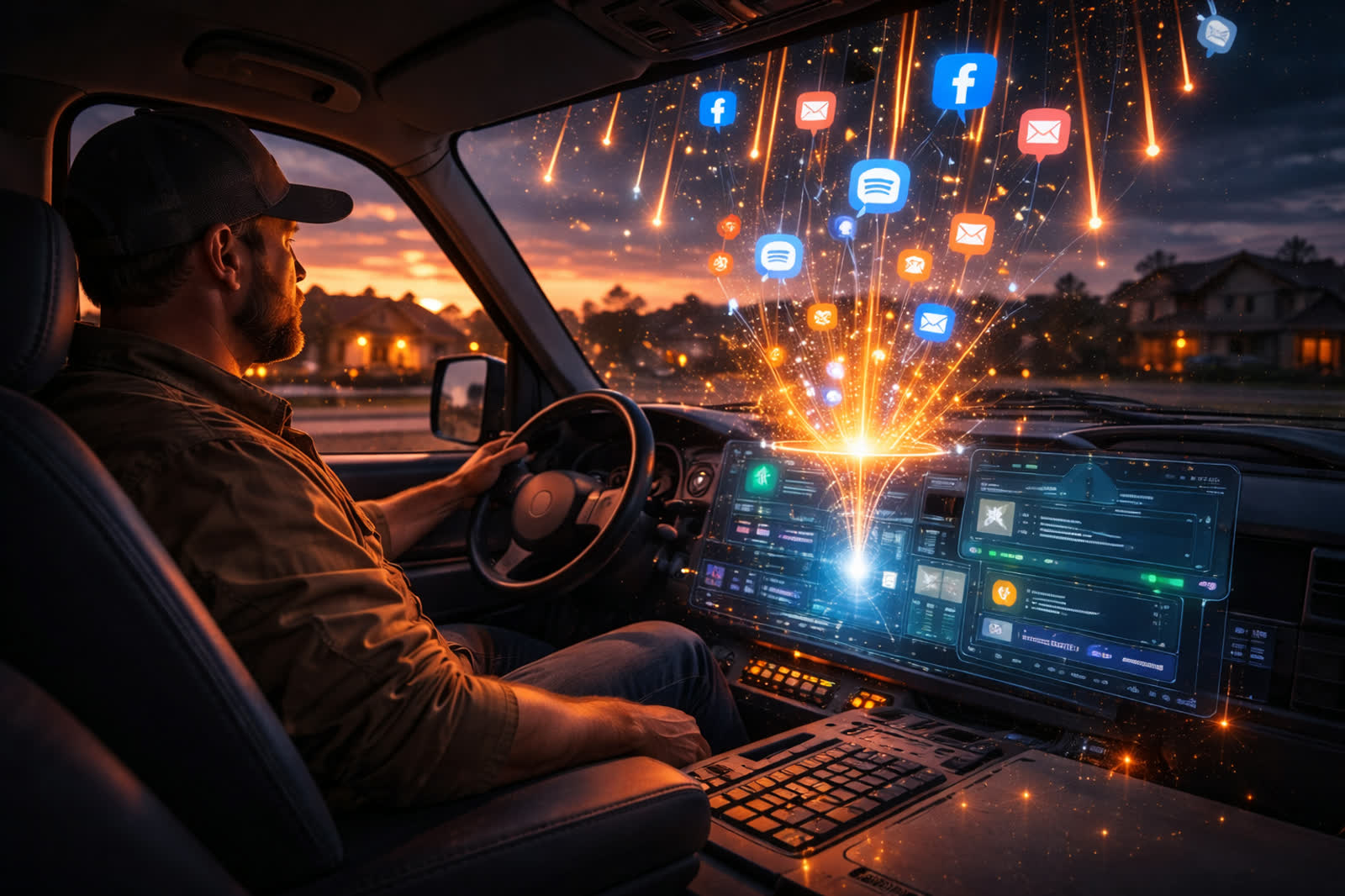 A contractor in the cab of his truck at dusk, messages arriving on his phone.